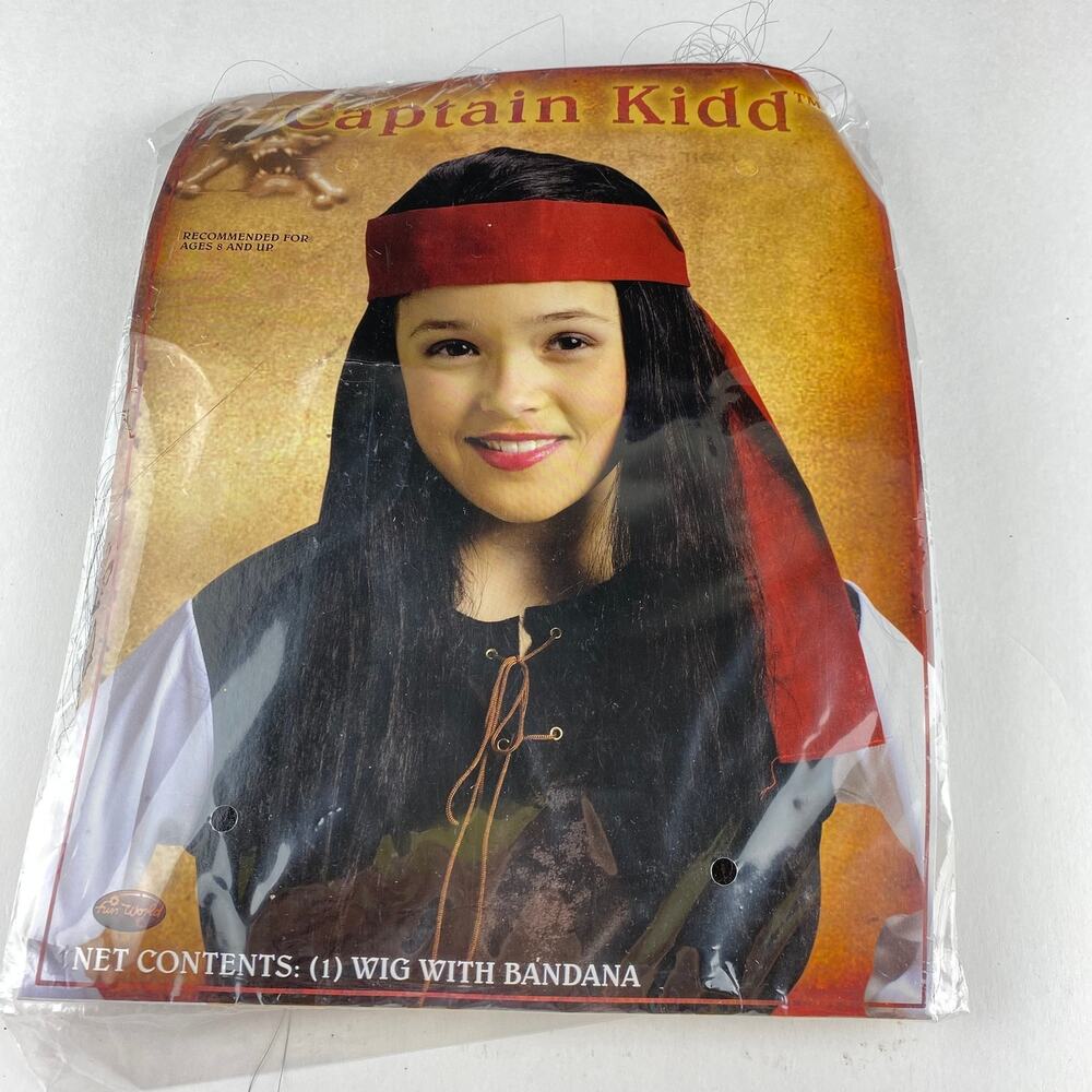 Captain Kidd Pirate Wig with Red Bandana Black Long Hair Halloween Costume